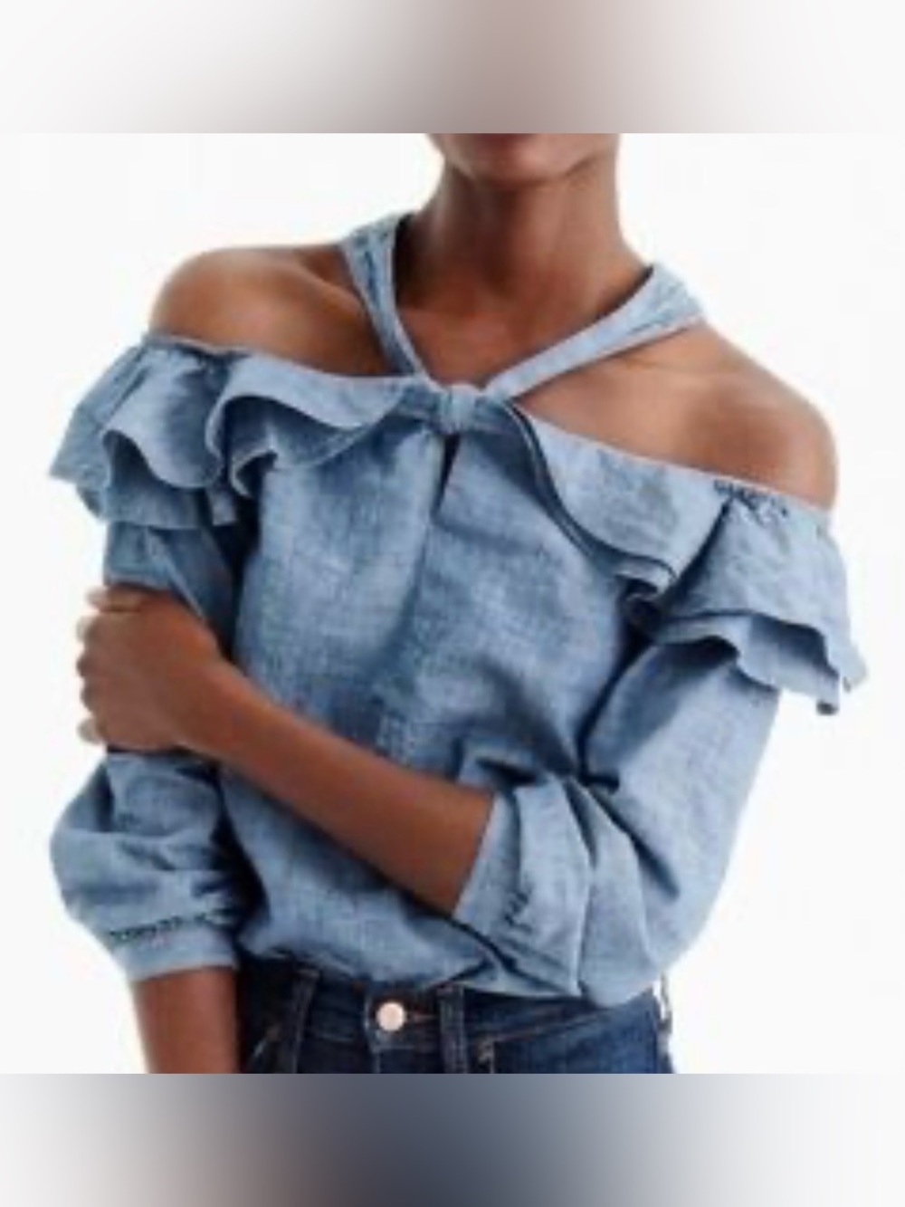 J.Crew Chambray Off-the-Shoulder Tie-Neck Ruffle Top Blouse Size 2